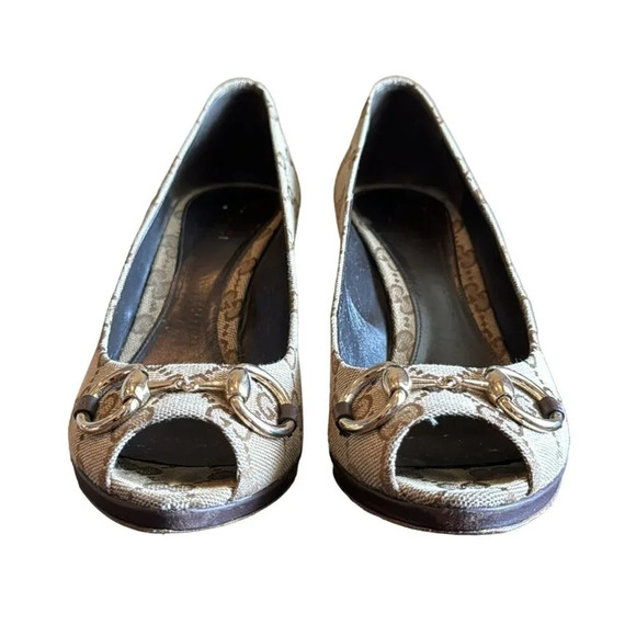 Gucci GG Monogram Canvas Open Toe Horsebit Pumps Beige Brown EU 37.5 US 7.5 - Picture 6 of 13